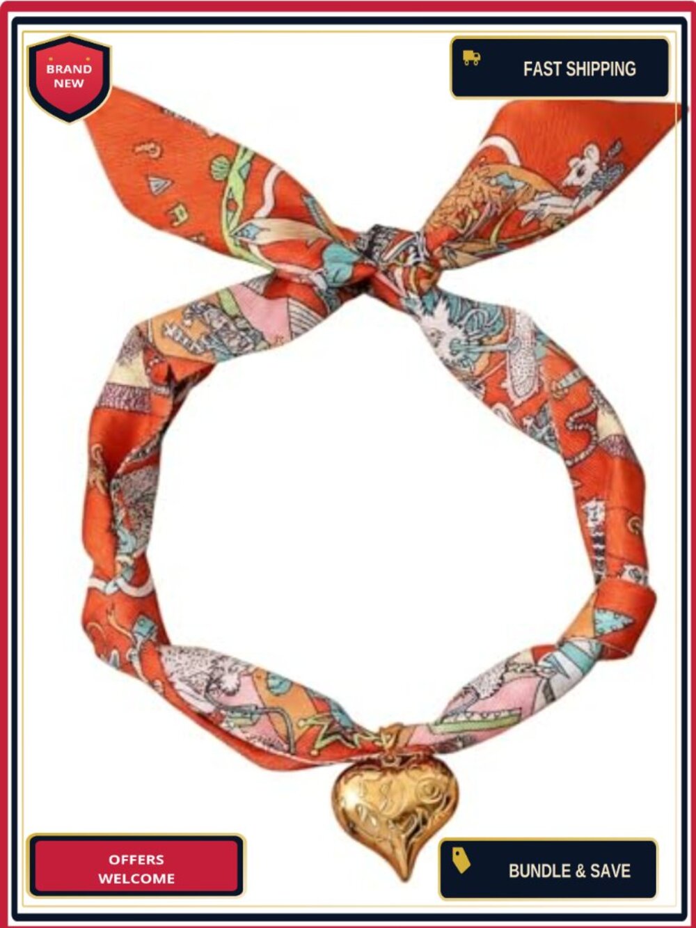 Women's Silk Scarf Bandana Necklace with Gold Heart Charm Bohemian Pendant